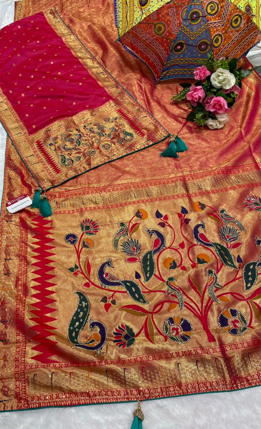 AJ-KETKI-DUPATTA KANJIVARAM TISSUE SAREE WITH DUPATTA AND HEAVY JARKAN WORK WITH PAITHANI DESIGN