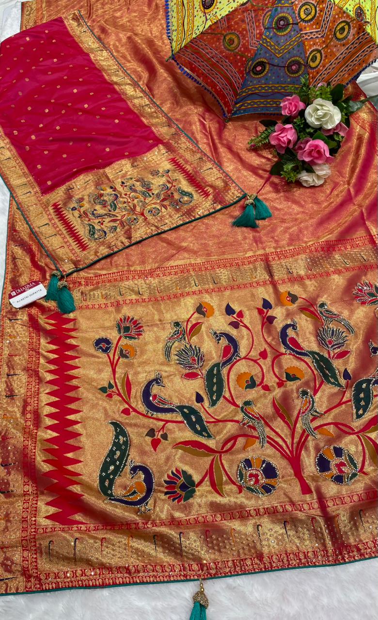 AJ-KETKI-DUPATTA KANJIVARAM TISSUE SAREE WITH DUPATTA AND HEAVY JARKAN WORK WITH PAITHANI DESIGN