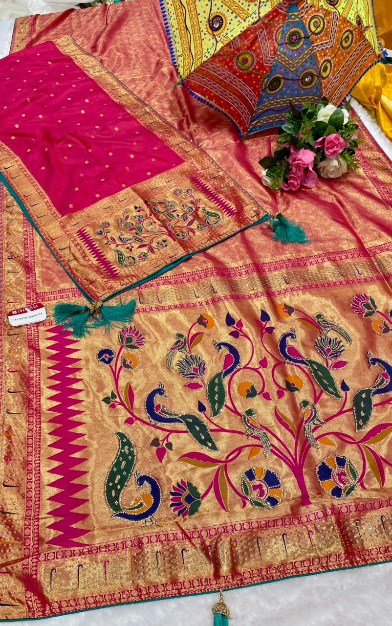 AJ-KETKI-DUPATTA KANJIVARAM TISSUE SAREE WITH DUPATTA AND HEAVY JARKAN WORK WITH PAITHANI DESIGN