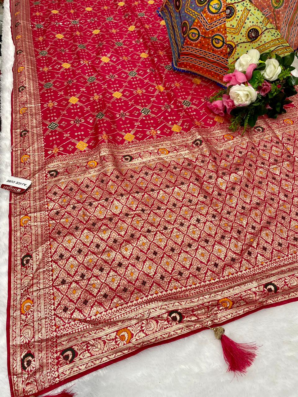 AJ-ICE CUBE DOLA SILK SAREE WITH TRENDING DESIGN WITH LITTLE BANDANI INSERTS WITH RICH PALLU AND HEAVY TASSELS