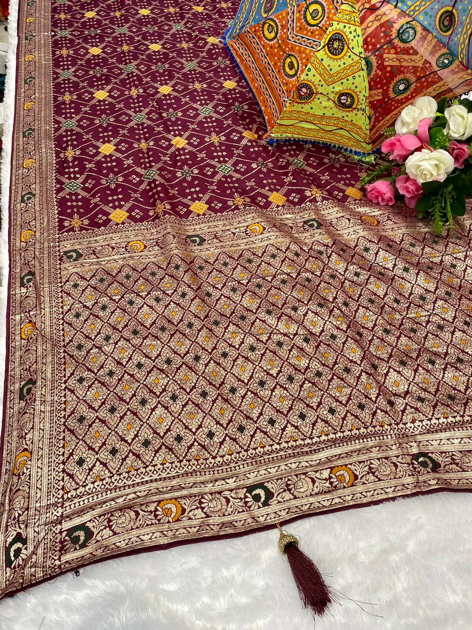 AJ-ICE CUBE DOLA SILK SAREE WITH TRENDING DESIGN WITH LITTLE BANDANI INSERTS WITH RICH PALLU AND HEAVY TASSELS