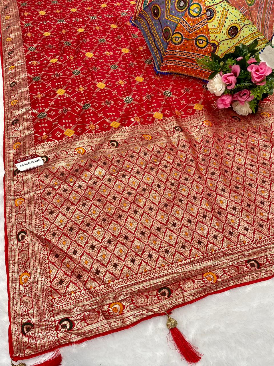 AJ-ICE CUBE DOLA SILK SAREE WITH TRENDING DESIGN WITH LITTLE BANDANI INSERTS WITH RICH PALLU AND HEAVY TASSELS