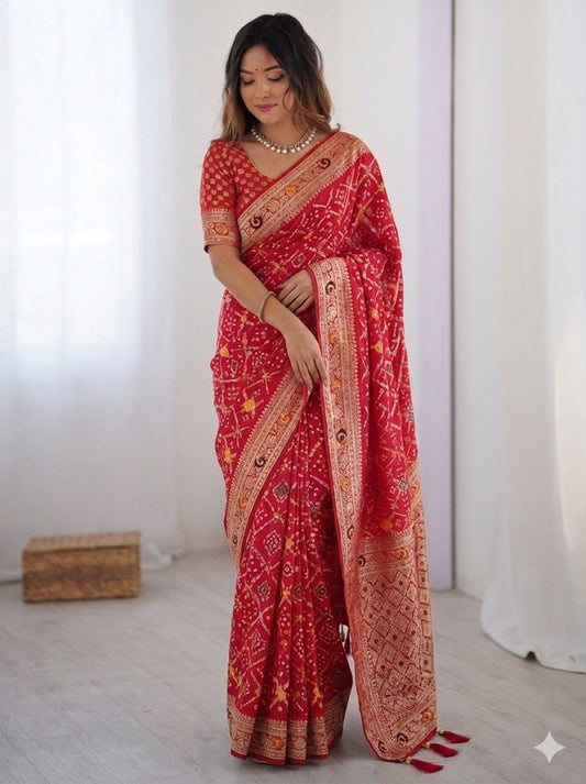 AJ-ICE CUBE DOLA SILK SAREE WITH TRENDING DESIGN WITH LITTLE BANDANI INSERTS WITH RICH PALLU AND HEAVY TASSELS