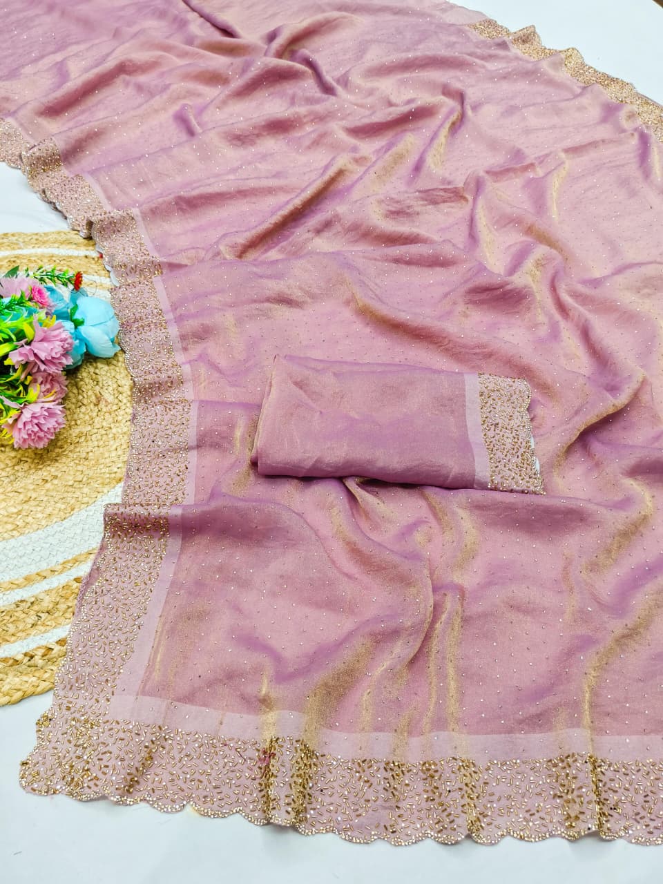 DF-VIRAL BEATS NC MOSS FABRIC  SAREE WITH HEAVY JARKANWORK WITH BEAUTIFUL DESIGN AND TRENDING SAREE WITH HEAVY BLOUSE