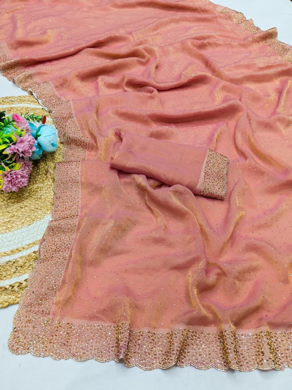 DF-VIRAL BEATS NC MOSS FABRIC  SAREE WITH HEAVY JARKANWORK WITH BEAUTIFUL DESIGN AND TRENDING SAREE WITH HEAVY BLOUSE