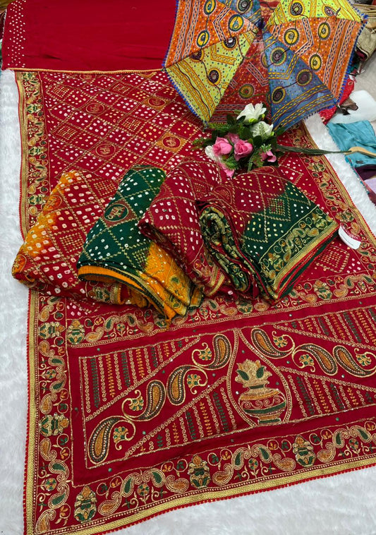 HT-PURE-PAYAL-2 PURE BANDHANI SAREE WITH JAIPURI WORK AND VIRAL BANDHANI DESIGN WITH PETHA WORK AND LAGNI PATTA WORK WITH KHATLI WORK AND GOLDEN PIPING