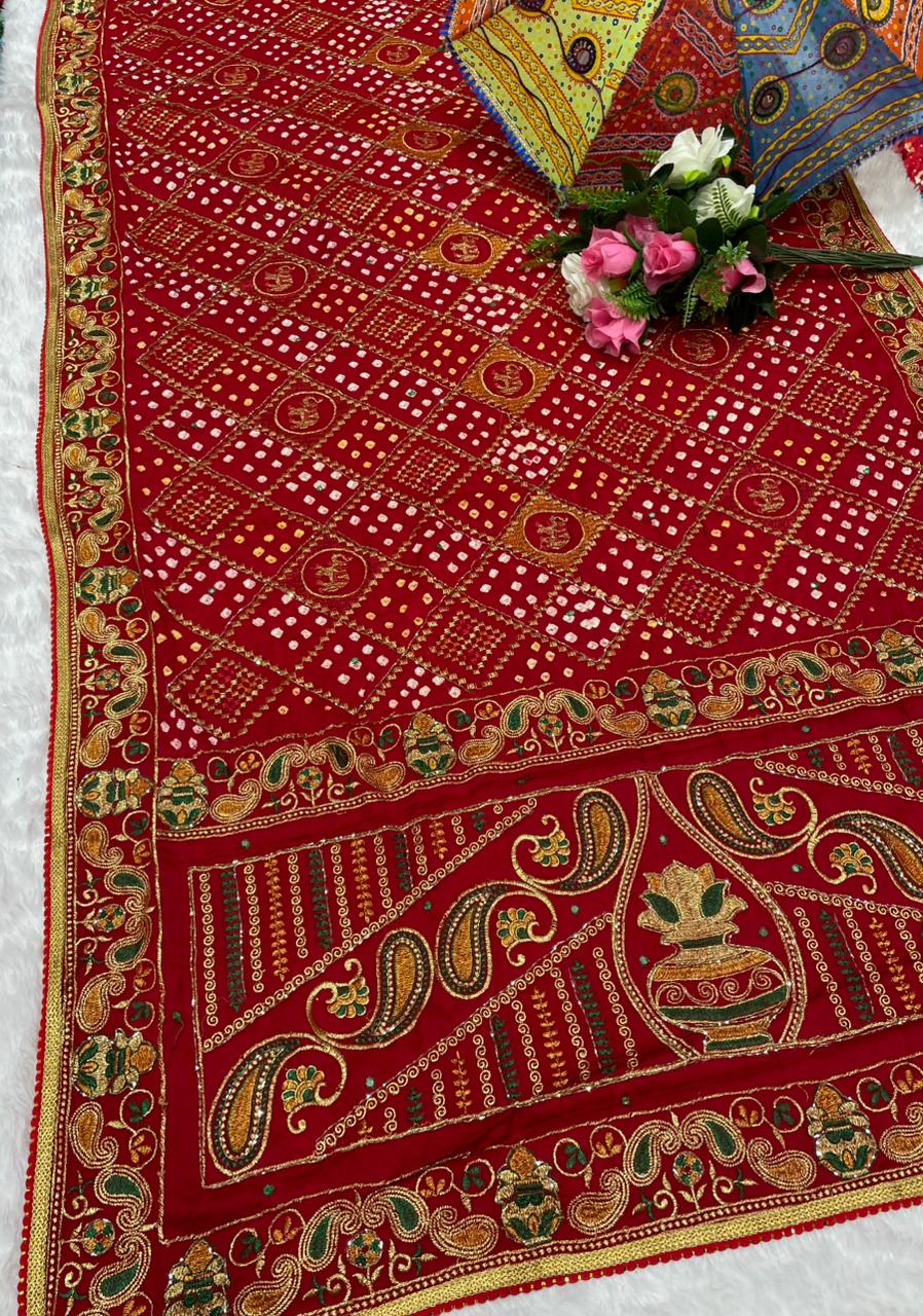 HT-PURE-PAYAL-2 PURE BANDHANI SAREE WITH JAIPURI WORK AND VIRAL BANDHANI DESIGN WITH PETHA WORK AND LAGNI PATTA WORK WITH KHATLI WORK AND GOLDEN PIPING
