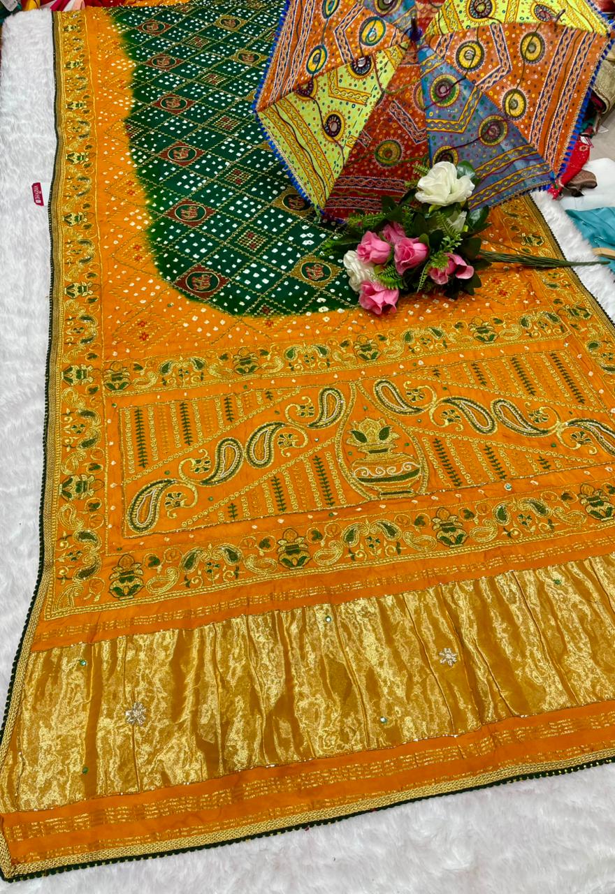 HT-PURE-PAYAL-2 PURE BANDHANI SAREE WITH JAIPURI WORK AND VIRAL BANDHANI DESIGN WITH PETHA WORK AND LAGNI PATTA WORK WITH KHATLI WORK AND GOLDEN PIPING