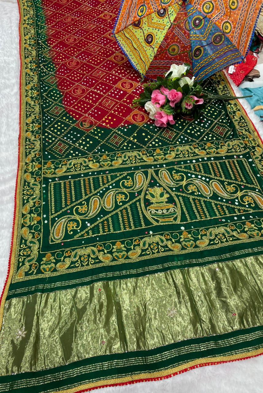 HT-PURE-PAYAL-2 PURE BANDHANI SAREE WITH JAIPURI WORK AND VIRAL BANDHANI DESIGN WITH PETHA WORK AND LAGNI PATTA WORK WITH KHATLI WORK AND GOLDEN PIPING