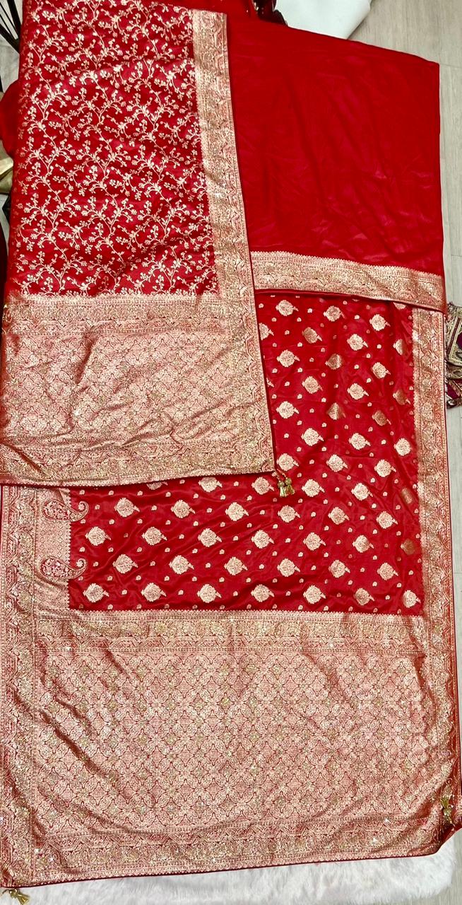 AJ-MAHER-DUPTTA SATIN SILK SAREE WITH DUPATTA AND RED AND ONLY RANI COLOUR WITH FULL HEAVY JARKAN WORK WITH HEAVY PIPING AND LUXURY TASSELS WITH DUPTTA WITH JARKAN WORK AND MOST TRENDING BRIDAL SAREE