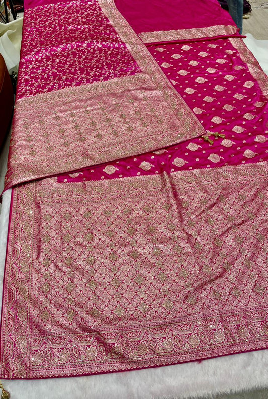 AJ-MAHER-DUPTTA SATIN SILK SAREE WITH DUPATTA AND RED AND ONLY RANI COLOUR WITH FULL HEAVY JARKAN WORK WITH HEAVY PIPING AND LUXURY TASSELS WITH DUPTTA WITH JARKAN WORK AND MOST TRENDING BRIDAL SAREE