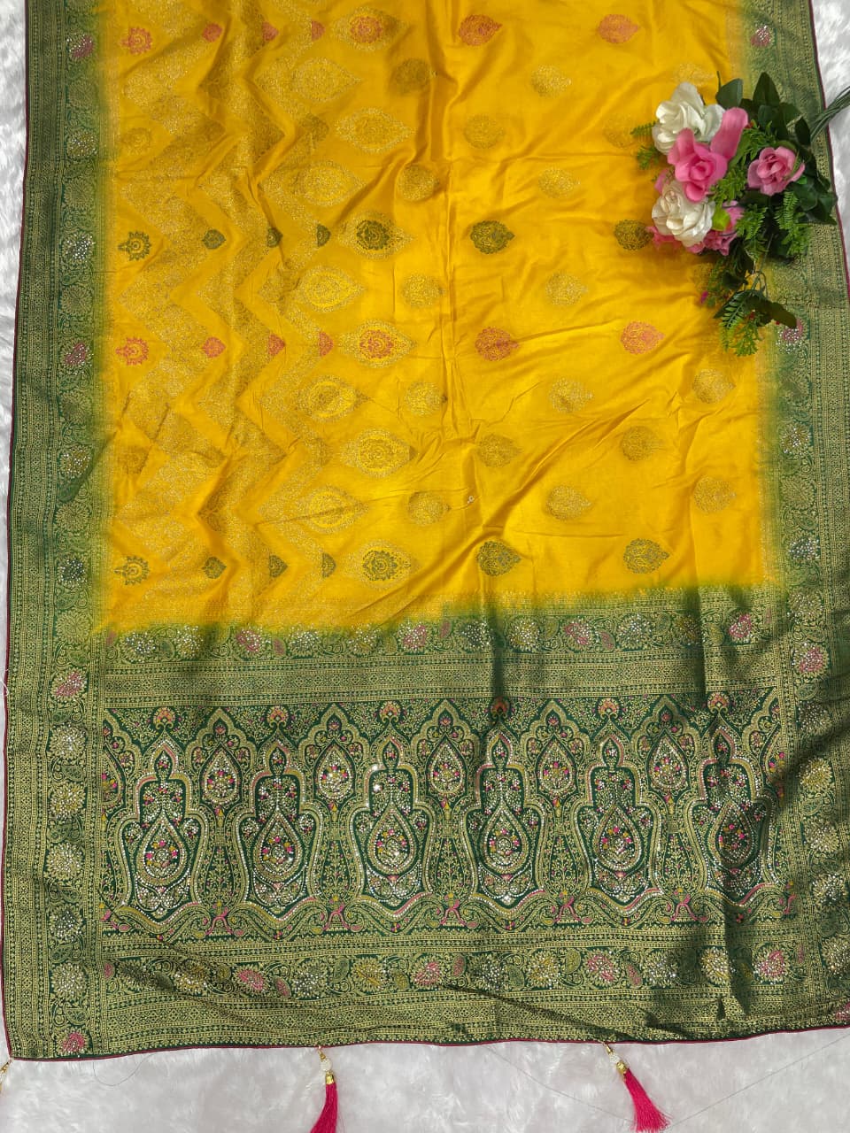 AJ-VIRASAT EUROPEAN DOLA SILK SAREE WITH HEAVY JARKAN WORK WITH CONTRAST PALLU AND BORDER WITH BEAUTIFUL DESIGN WITH TASSELS