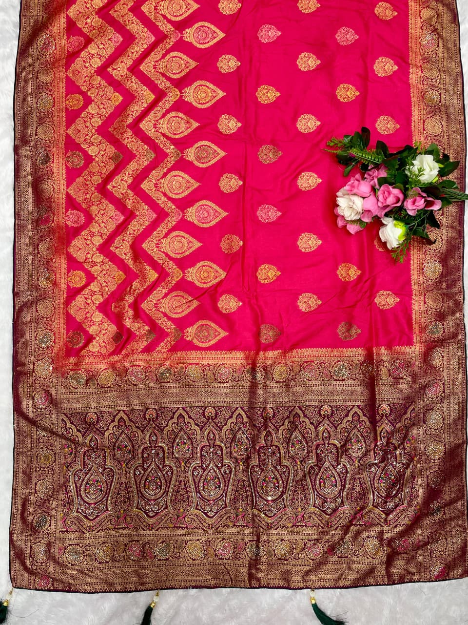 AJ-VIRASAT EUROPEAN DOLA SILK SAREE WITH HEAVY JARKAN WORK WITH CONTRAST PALLU AND BORDER WITH BEAUTIFUL DESIGN WITH TASSELS