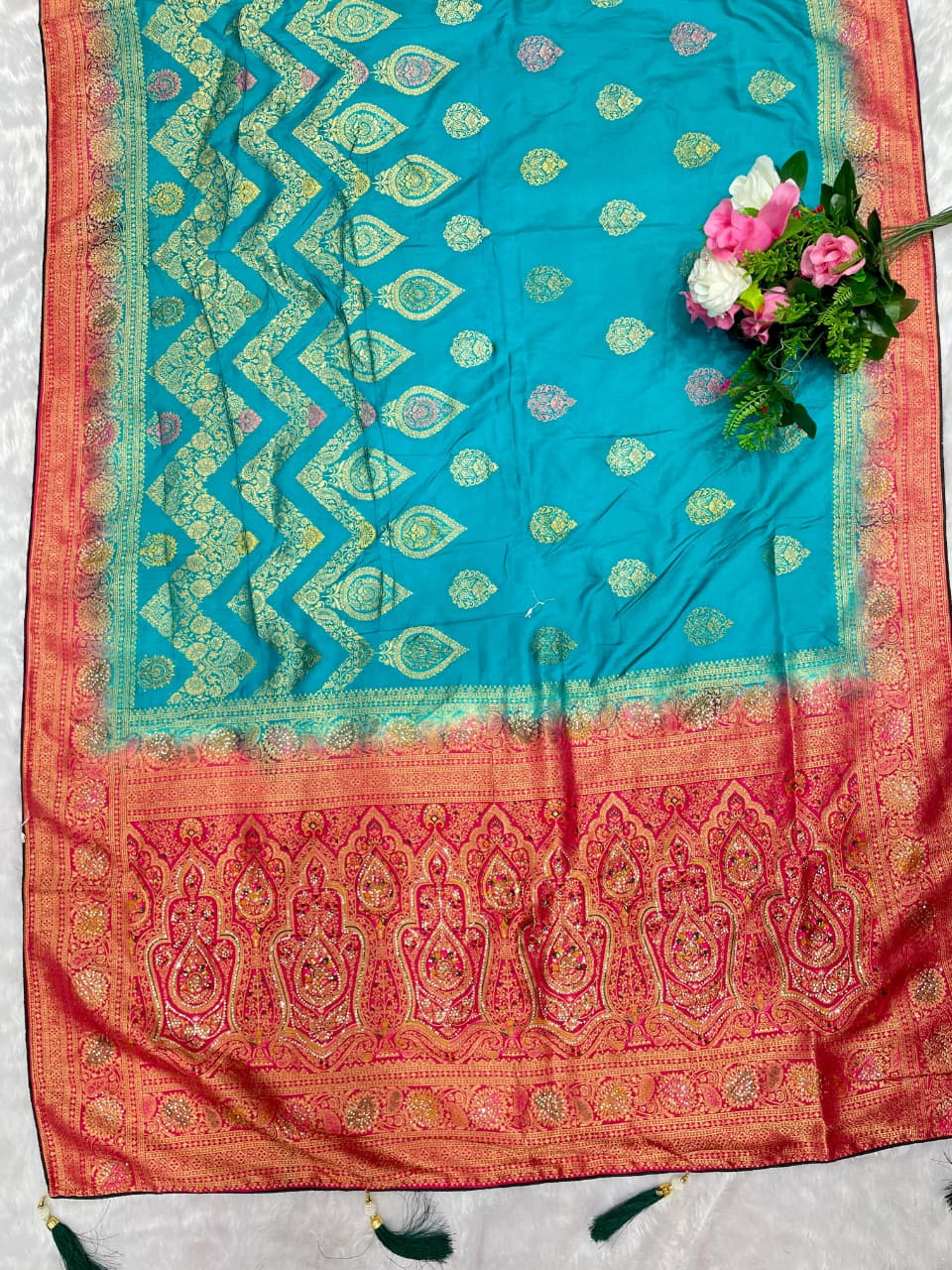 AJ-VIRASAT EUROPEAN DOLA SILK SAREE WITH HEAVY JARKAN WORK WITH CONTRAST PALLU AND BORDER WITH BEAUTIFUL DESIGN WITH TASSELS