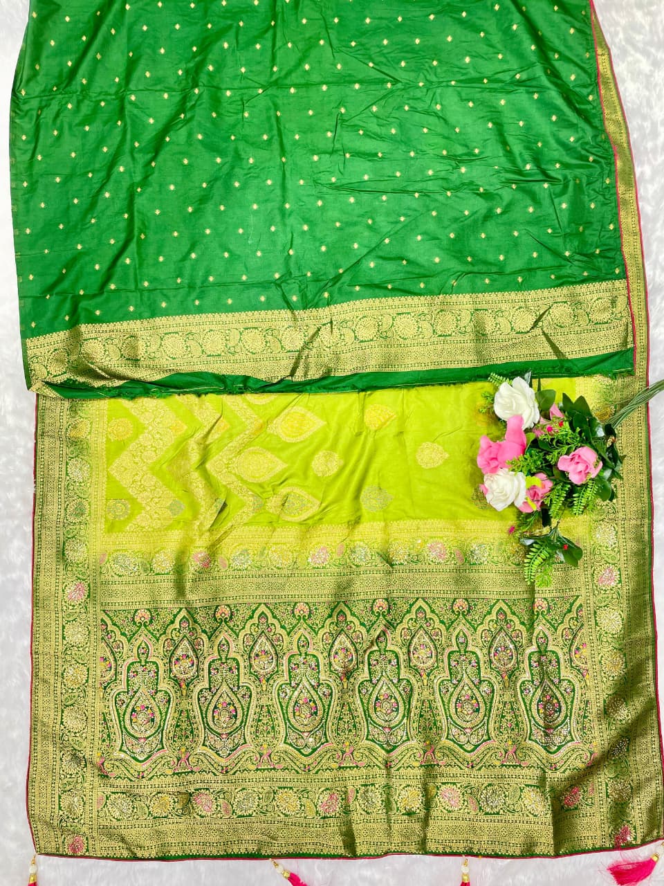 AJ-VIRASAT EUROPEAN DOLA SILK SAREE WITH HEAVY JARKAN WORK WITH CONTRAST PALLU AND BORDER WITH BEAUTIFUL DESIGN WITH TASSELS