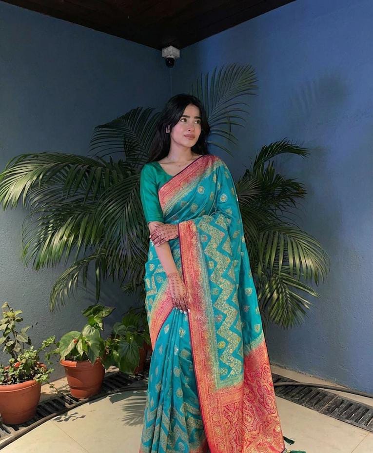 AJ-VIRASAT EUROPEAN DOLA SILK SAREE WITH HEAVY JARKAN WORK WITH CONTRAST PALLU AND BORDER WITH BEAUTIFUL DESIGN WITH TASSELS