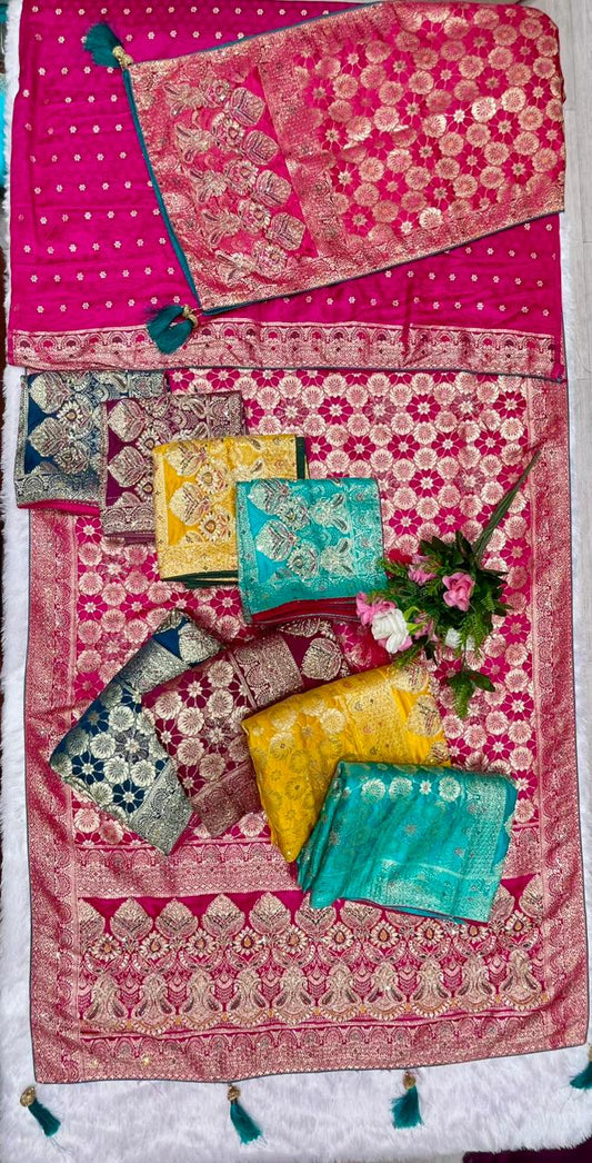 AJ-AWANTIKA-DUPTTA SATIN SILK  SAREE WITH FULL HEAVY JARKAN WORK WITH HEAVY PIPING AND LUXURY TASSELS WITH DUPPATA WITH JARKAN WORK AND MOST TRENDING SAREE