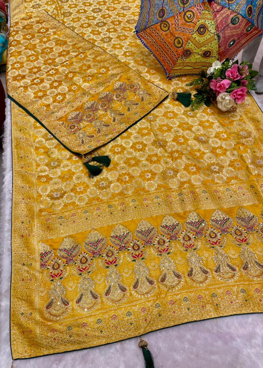 AJ-AWANTIKA-DUPTTA SATIN SILK  SAREE WITH FULL HEAVY JARKAN WORK WITH HEAVY PIPING AND LUXURY TASSELS WITH DUPPATA WITH JARKAN WORK AND MOST TRENDING SAREE