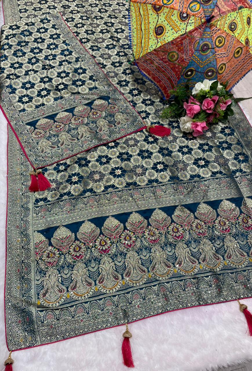 AJ-AWANTIKA-DUPTTA SATIN SILK  SAREE WITH FULL HEAVY JARKAN WORK WITH HEAVY PIPING AND LUXURY TASSELS WITH DUPPATA WITH JARKAN WORK AND MOST TRENDING SAREE