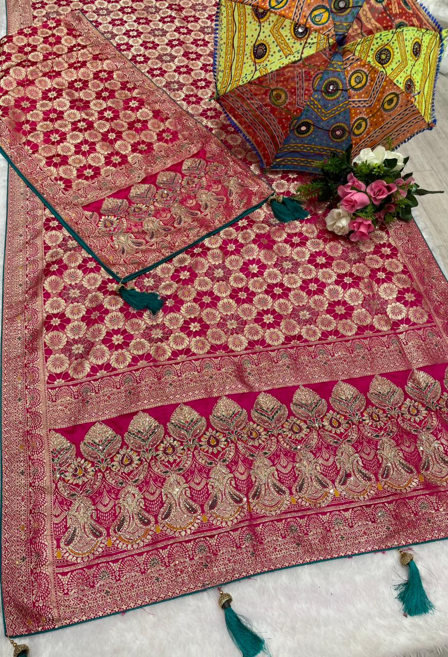 AJ-AWANTIKA-DUPTTA SATIN SILK  SAREE WITH FULL HEAVY JARKAN WORK WITH HEAVY PIPING AND LUXURY TASSELS WITH DUPPATA WITH JARKAN WORK AND MOST TRENDING SAREE