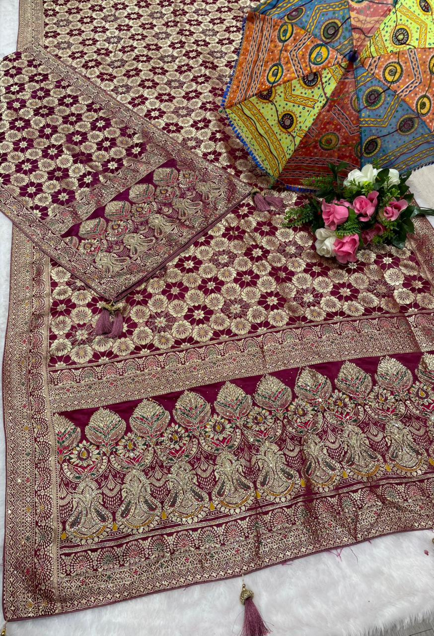 AJ-AWANTIKA-DUPTTA SATIN SILK  SAREE WITH FULL HEAVY JARKAN WORK WITH HEAVY PIPING AND LUXURY TASSELS WITH DUPPATA WITH JARKAN WORK AND MOST TRENDING SAREE