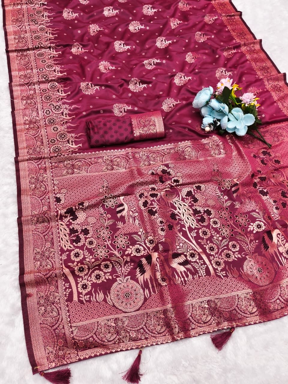 AJ-ZERO-SATIN SATIN MULBERRY SILK SAREE WITH HEAVY PALLU WITH BEAUTIFUL PATLI WORK DUSTY COLOR MATCHING