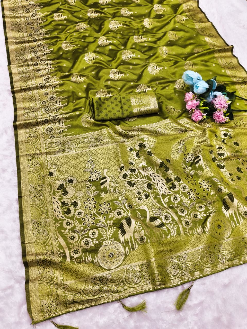 AJ-ZERO-SATIN SATIN MULBERRY SILK SAREE WITH HEAVY PALLU WITH BEAUTIFUL PATLI WORK DUSTY COLOR MATCHING