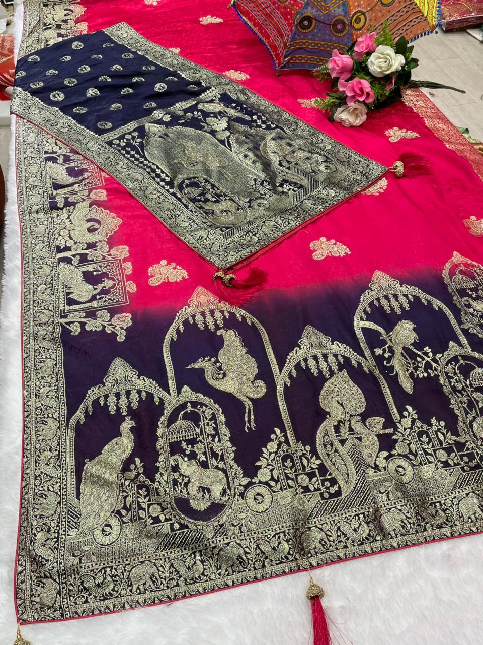 AJ-RUTURAJ-DUPATTA SATIN SAREE WITH DUPATTA AND 2D DYING CONTRAST WITH OPEN PALLU DESIGN WITH JARKAN WORK WITH BEAUTIFUL JUMBO PEACOCK DESIGN WITH CONTRAST BLOUSE