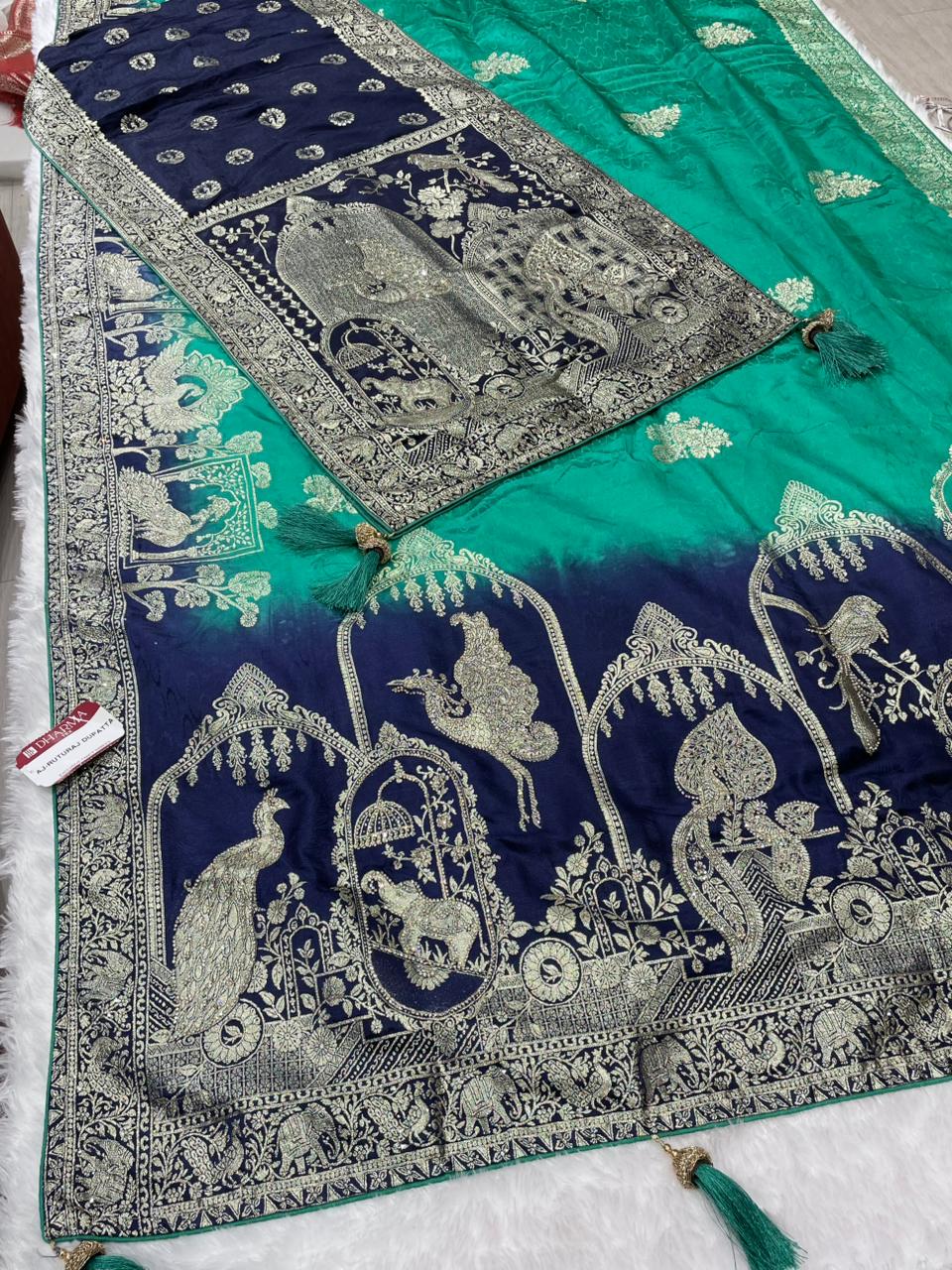 AJ-RUTURAJ-DUPATTA SATIN SAREE WITH DUPATTA AND 2D DYING CONTRAST WITH OPEN PALLU DESIGN WITH JARKAN WORK WITH BEAUTIFUL JUMBO PEACOCK DESIGN WITH CONTRAST BLOUSE