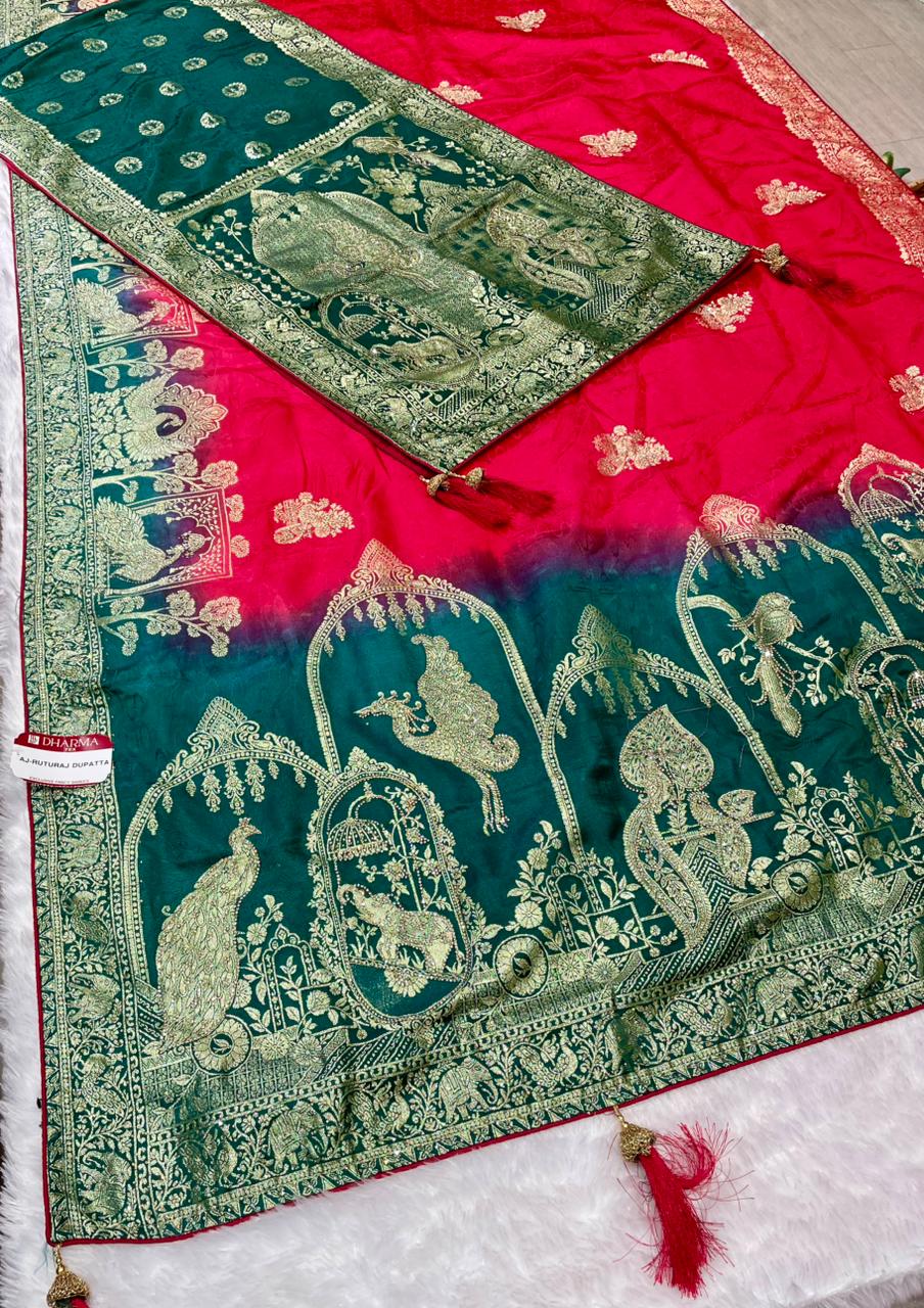 AJ-RUTURAJ-DUPATTA SATIN SAREE WITH DUPATTA AND 2D DYING CONTRAST WITH OPEN PALLU DESIGN WITH JARKAN WORK WITH BEAUTIFUL JUMBO PEACOCK DESIGN WITH CONTRAST BLOUSE