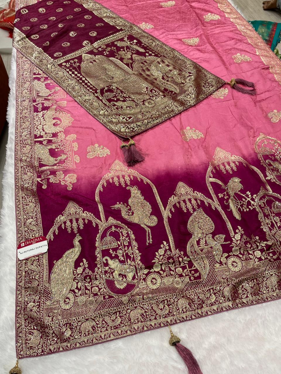 AJ-RUTURAJ-DUPATTA SATIN SAREE WITH DUPATTA AND 2D DYING CONTRAST WITH OPEN PALLU DESIGN WITH JARKAN WORK WITH BEAUTIFUL JUMBO PEACOCK DESIGN WITH CONTRAST BLOUSE