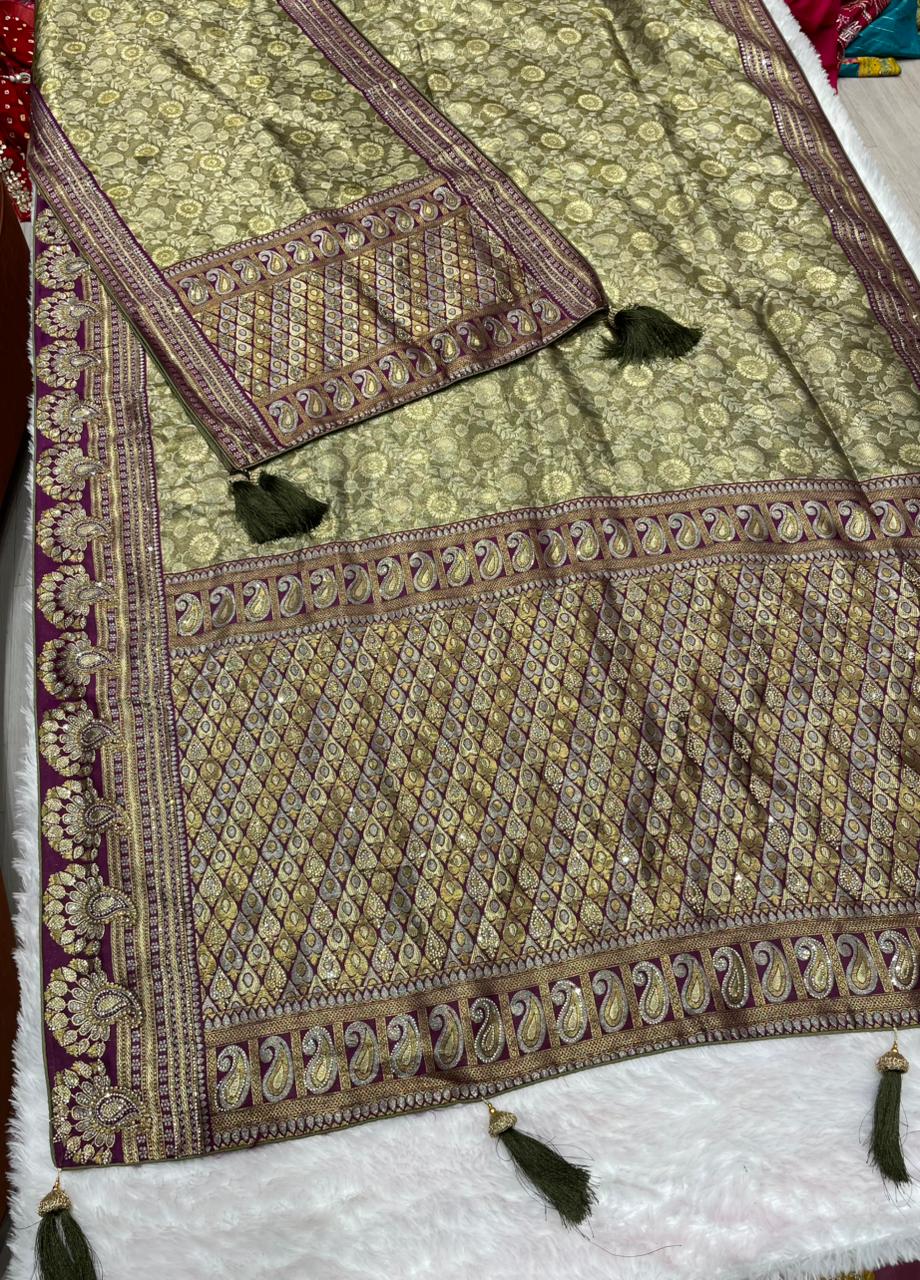 AJ-SANGAM-DUPTTA TISSU SILK SAREE WITH  FULL HEAVY JARKAN WORK WITH HEAVY PIPING AND LUXURY TASSELS WITH RICH PALLU WITH DUPTTA WITH JARKAN WORK AND MOST TRENDING SAREE