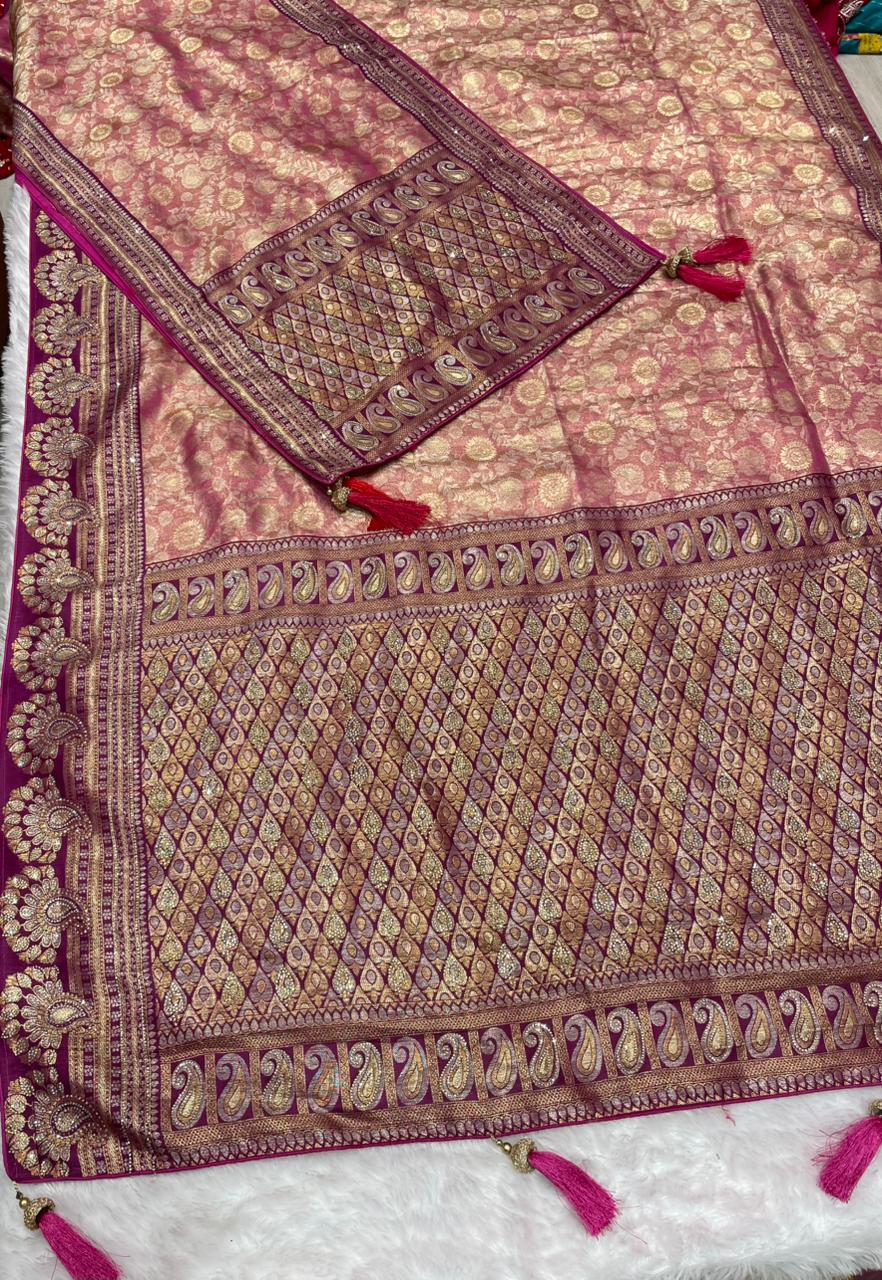 AJ-SANGAM-DUPTTA TISSU SILK SAREE WITH  FULL HEAVY JARKAN WORK WITH HEAVY PIPING AND LUXURY TASSELS WITH RICH PALLU WITH DUPTTA WITH JARKAN WORK AND MOST TRENDING SAREE