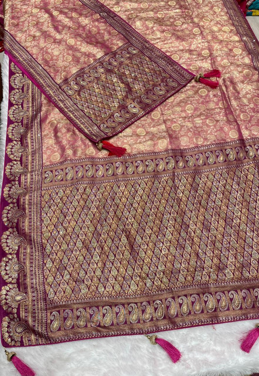 AJ-SANGAM-DUPTTA TISSU SILK SAREE WITH  FULL HEAVY JARKAN WORK WITH HEAVY PIPING AND LUXURY TASSELS WITH RICH PALLU WITH DUPTTA WITH JARKAN WORK AND MOST TRENDING SAREE