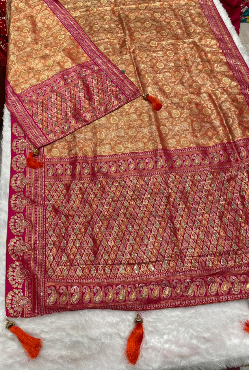 AJ-SANGAM-DUPTTA TISSU SILK SAREE WITH  FULL HEAVY JARKAN WORK WITH HEAVY PIPING AND LUXURY TASSELS WITH RICH PALLU WITH DUPTTA WITH JARKAN WORK AND MOST TRENDING SAREE