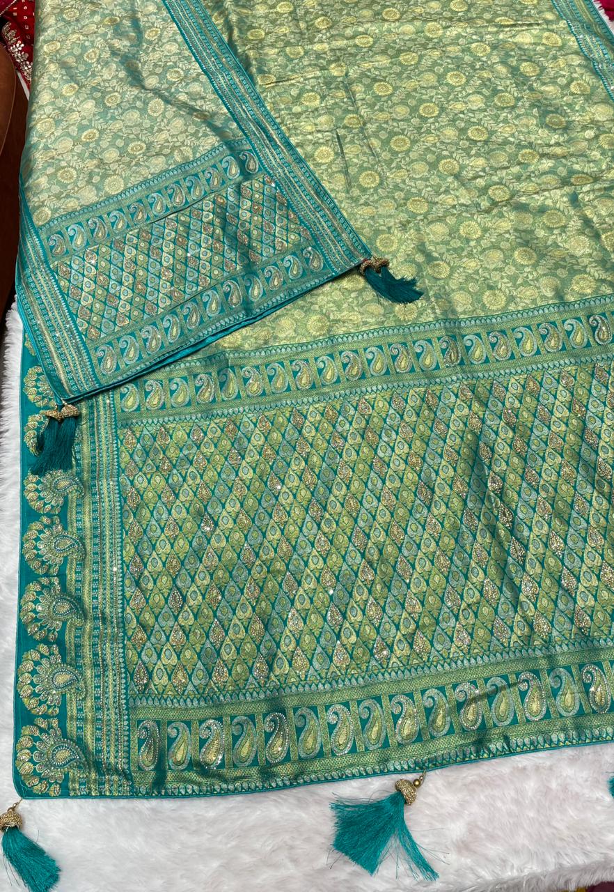 AJ-SANGAM-DUPTTA TISSU SILK SAREE WITH  FULL HEAVY JARKAN WORK WITH HEAVY PIPING AND LUXURY TASSELS WITH RICH PALLU WITH DUPTTA WITH JARKAN WORK AND MOST TRENDING SAREE