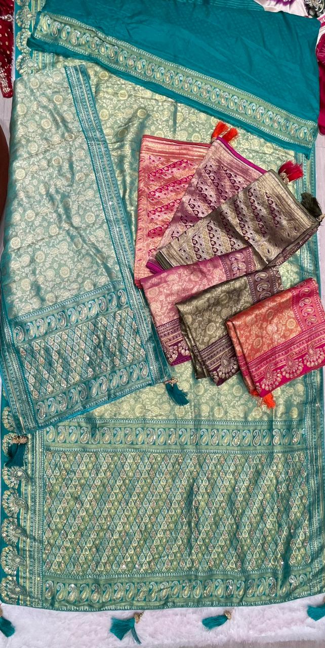 AJ-SANGAM-DUPTTA TISSU SILK SAREE WITH  FULL HEAVY JARKAN WORK WITH HEAVY PIPING AND LUXURY TASSELS WITH RICH PALLU WITH DUPTTA WITH JARKAN WORK AND MOST TRENDING SAREE