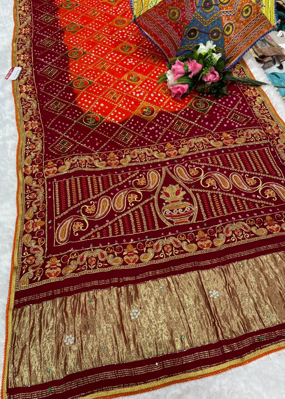 HT-PURE-PAYAL PURE BANDHANI SAREE WITH JAIPURI WORK AND VIRAL BANDHANI DESIGN WITH PETHA WORK AND LAGNI PATTA WORK WITH KHATLI WORK AND GOLDEN PIPING