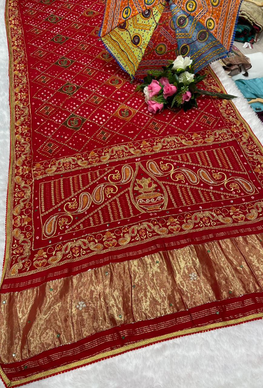 HT-PURE-PAYAL PURE BANDHANI SAREE WITH JAIPURI WORK AND VIRAL BANDHANI DESIGN WITH PETHA WORK AND LAGNI PATTA WORK WITH KHATLI WORK AND GOLDEN PIPING