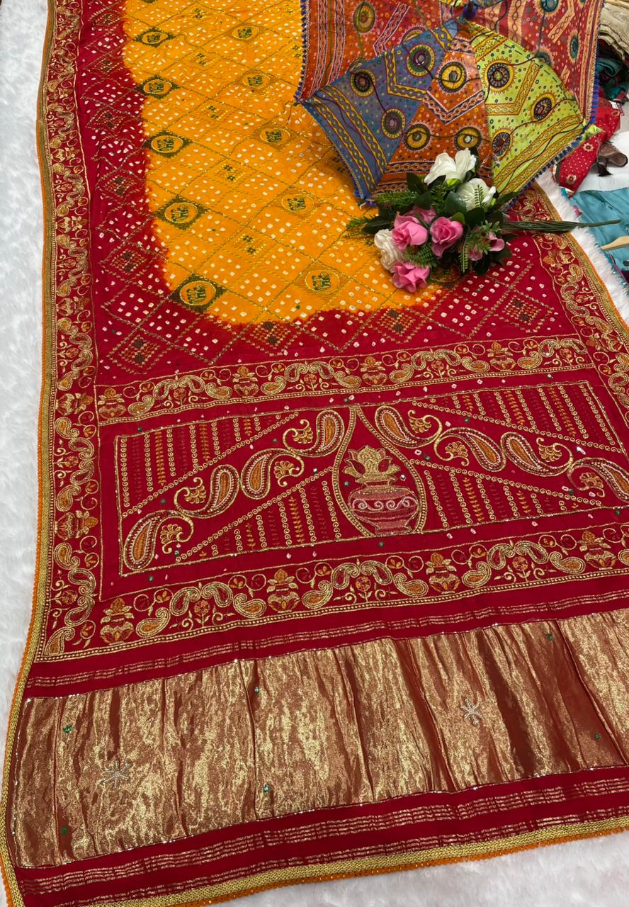 HT-PURE-PAYAL PURE BANDHANI SAREE WITH JAIPURI WORK AND VIRAL BANDHANI DESIGN WITH PETHA WORK AND LAGNI PATTA WORK WITH KHATLI WORK AND GOLDEN PIPING
