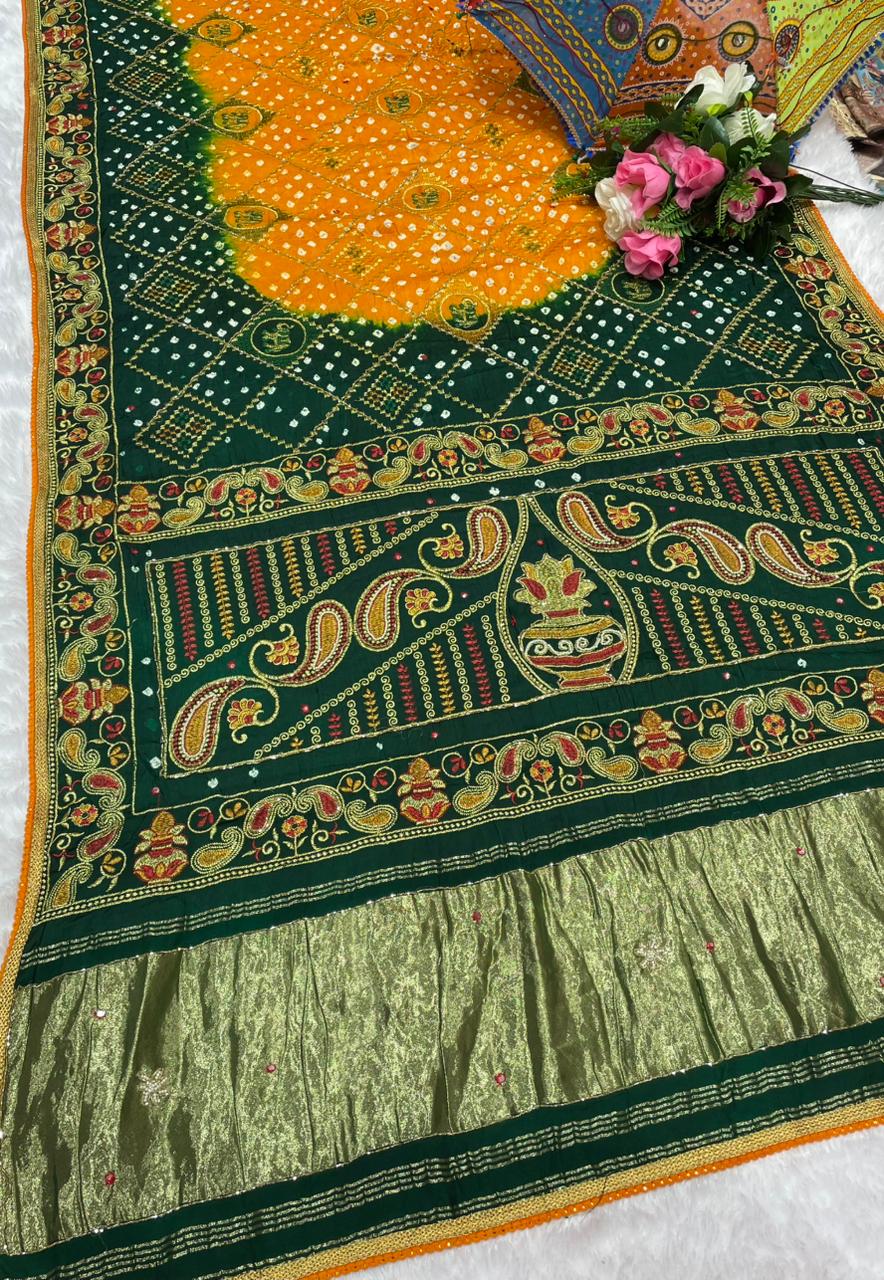 HT-PURE-PAYAL PURE BANDHANI SAREE WITH JAIPURI WORK AND VIRAL BANDHANI DESIGN WITH PETHA WORK AND LAGNI PATTA WORK WITH KHATLI WORK AND GOLDEN PIPING