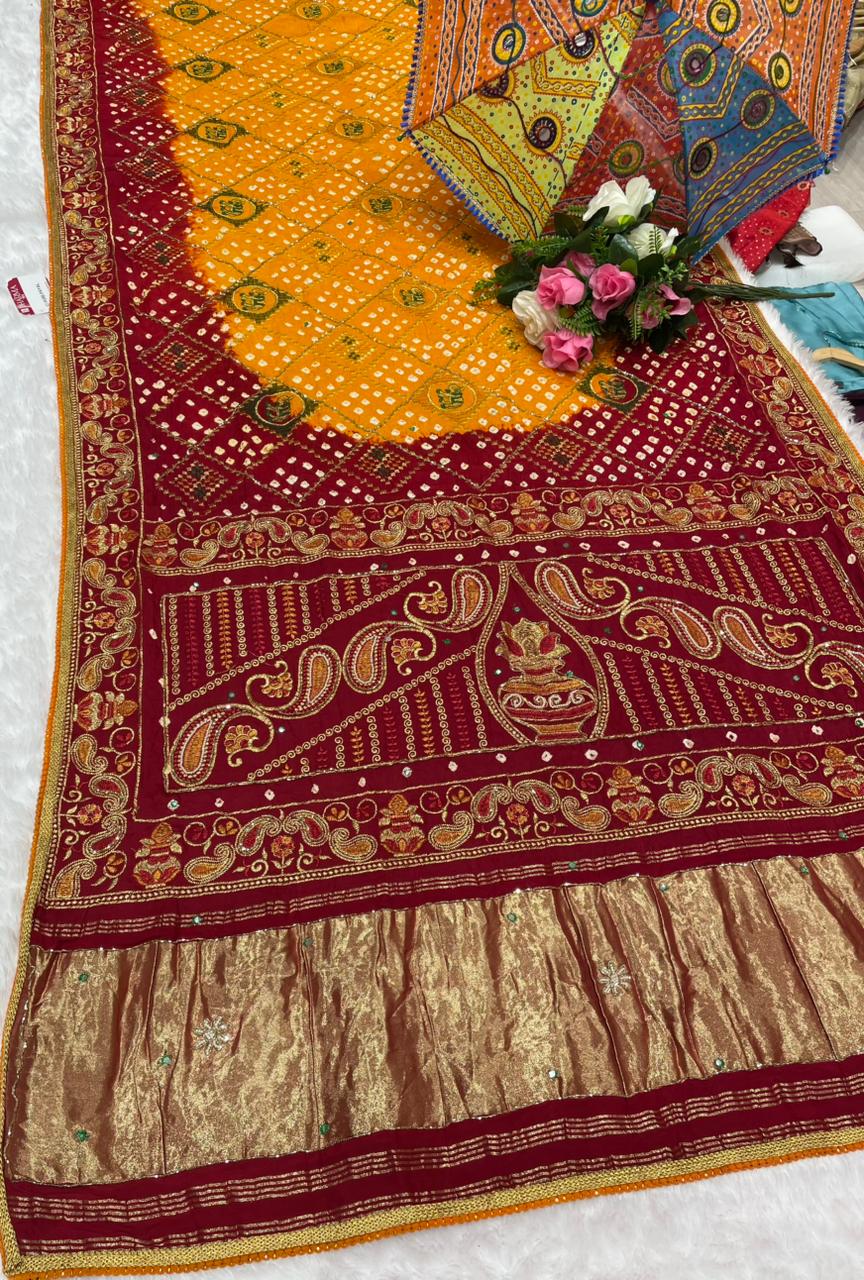 HT-PURE-PAYAL PURE BANDHANI SAREE WITH JAIPURI WORK AND VIRAL BANDHANI DESIGN WITH PETHA WORK AND LAGNI PATTA WORK WITH KHATLI WORK AND GOLDEN PIPING