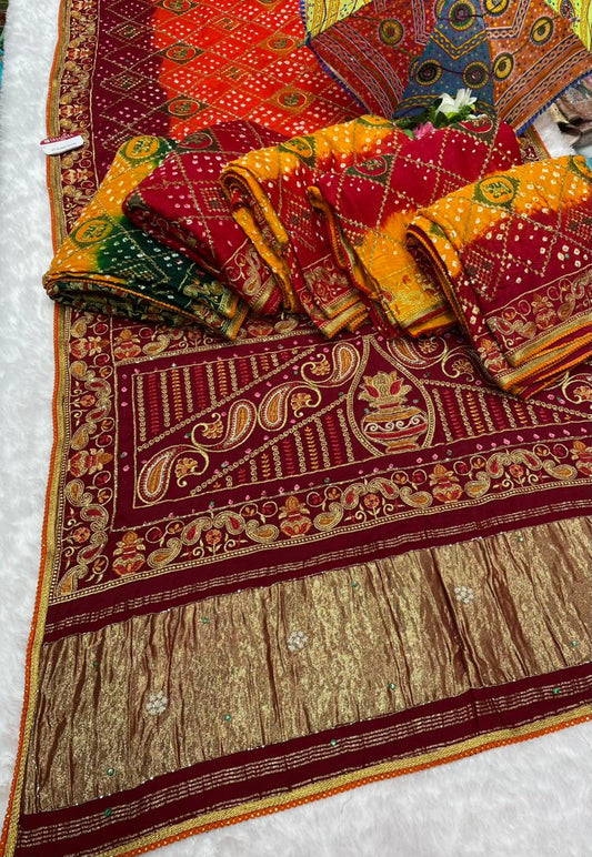 HT-PURE-PAYAL PURE BANDHANI SAREE WITH JAIPURI WORK AND VIRAL BANDHANI DESIGN WITH PETHA WORK AND LAGNI PATTA WORK WITH KHATLI WORK AND GOLDEN PIPING