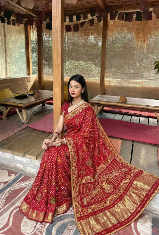 HT-PURE-PAYAL PURE BANDHANI SAREE WITH JAIPURI WORK AND VIRAL BANDHANI DESIGN WITH PETHA WORK AND LAGNI PATTA WORK WITH KHATLI WORK AND GOLDEN PIPING