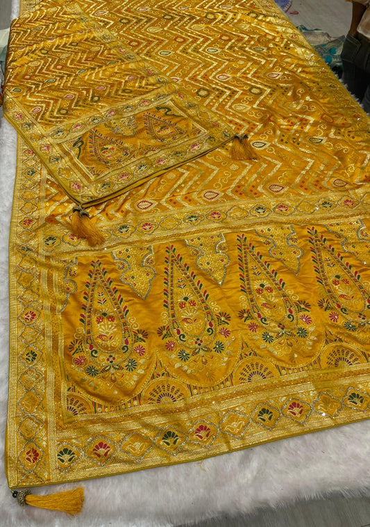 AJ-YUKTI-DUPTTA SATIN SILK SAREE WITH BEAUTIFUL BANDHANI DESIGN WITH FULL HEAVY JARKAN WORK WITH MEENAKARI WORK AND LUXURY TASSELS WITH RICH PALLU WITH DUPTTA WITH HEAVY JARKAN WORK AND MOST TRENDING SAREE