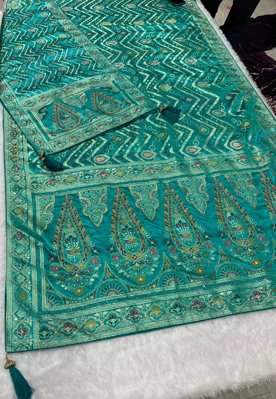 AJ-YUKTI-DUPTTA SATIN SILK SAREE WITH BEAUTIFUL BANDHANI DESIGN WITH FULL HEAVY JARKAN WORK WITH MEENAKARI WORK AND LUXURY TASSELS WITH RICH PALLU WITH DUPTTA WITH HEAVY JARKAN WORK AND MOST TRENDING SAREE