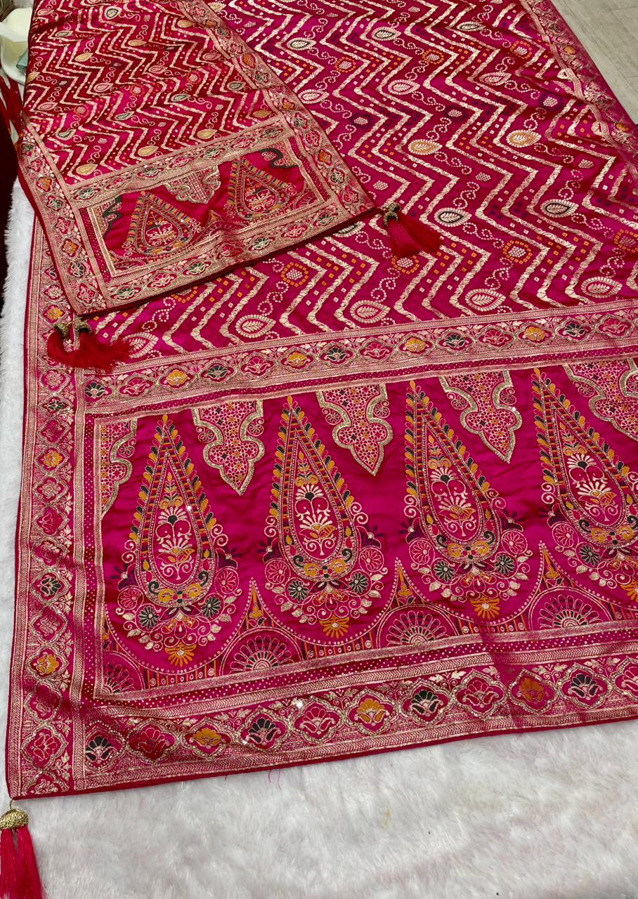 AJ-YUKTI-DUPTTA SATIN SILK SAREE WITH BEAUTIFUL BANDHANI DESIGN WITH FULL HEAVY JARKAN WORK WITH MEENAKARI WORK AND LUXURY TASSELS WITH RICH PALLU WITH DUPTTA WITH HEAVY JARKAN WORK AND MOST TRENDING SAREE