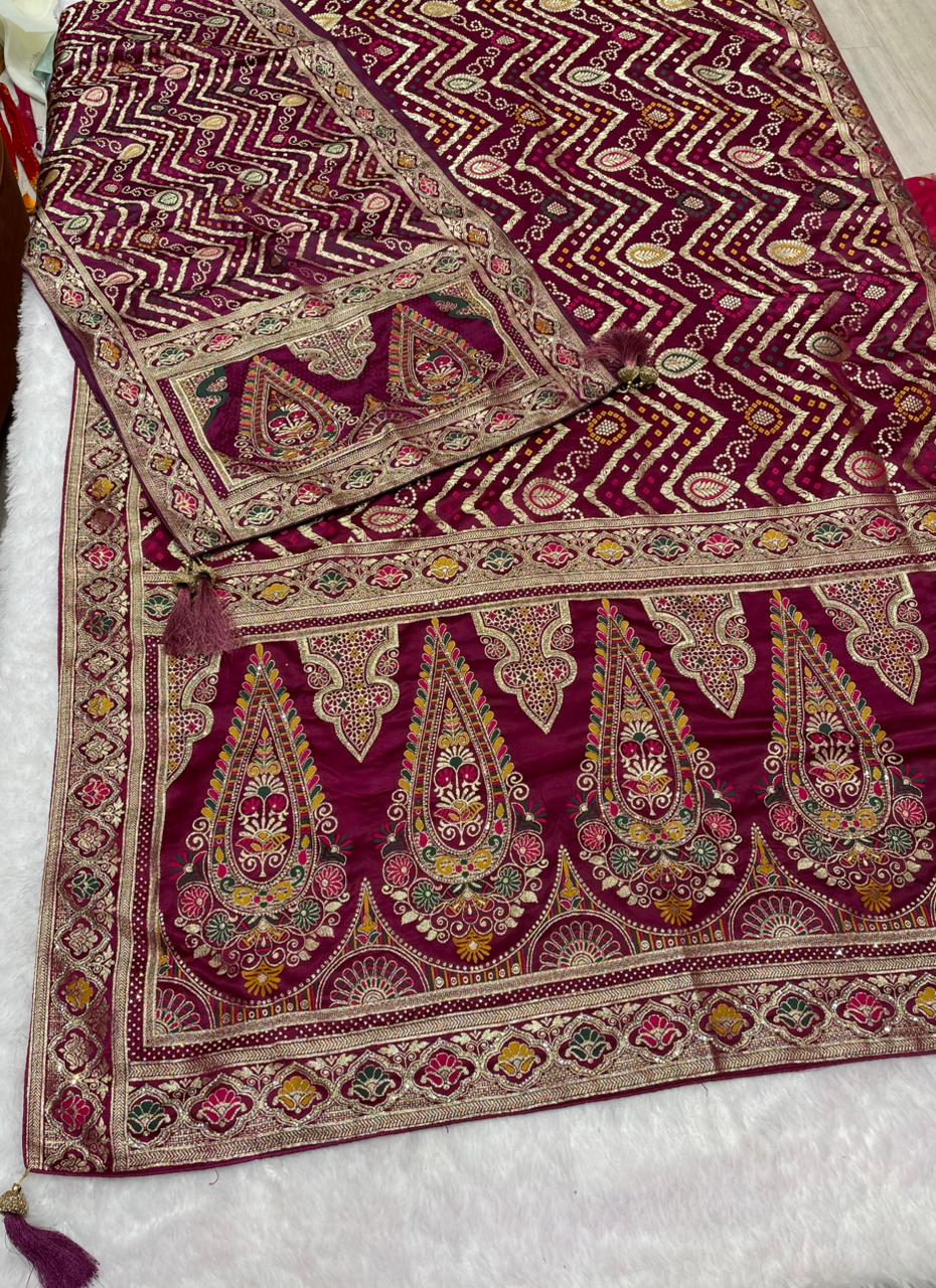 AJ-YUKTI-DUPTTA SATIN SILK SAREE WITH BEAUTIFUL BANDHANI DESIGN WITH FULL HEAVY JARKAN WORK WITH MEENAKARI WORK AND LUXURY TASSELS WITH RICH PALLU WITH DUPTTA WITH HEAVY JARKAN WORK AND MOST TRENDING SAREE