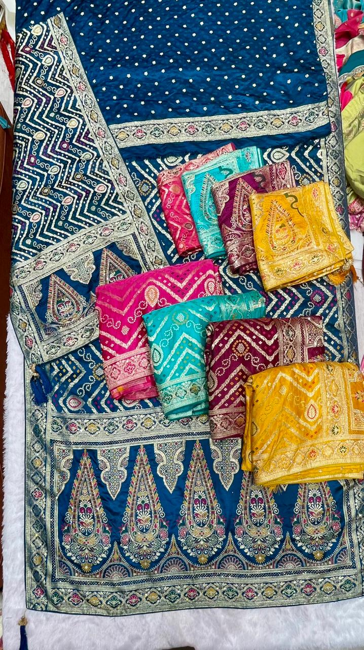 AJ-YUKTI-DUPTTA SATIN SILK SAREE WITH BEAUTIFUL BANDHANI DESIGN WITH FULL HEAVY JARKAN WORK WITH MEENAKARI WORK AND LUXURY TASSELS WITH RICH PALLU WITH DUPTTA WITH HEAVY JARKAN WORK AND MOST TRENDING SAREE