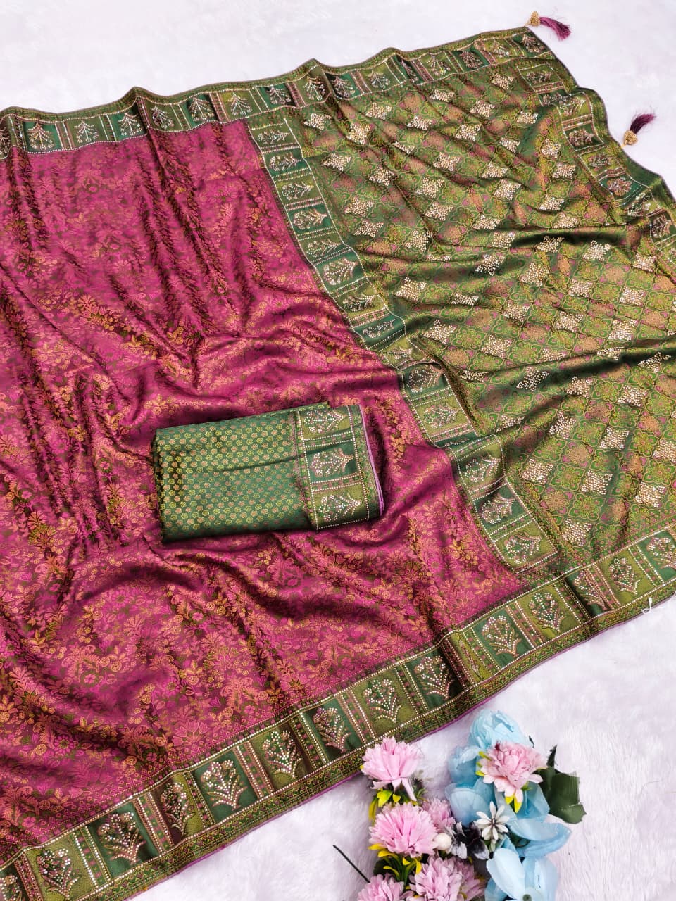 AJ-SAYAR KALAMKARI SATIN FABRIC SAREE WITH RICH PALLU AND HEAVY JARKAN WORK WITH EITHER JHAL DESIGN WITH MEENAKARI WORK WITH BROCADE BLOUSE
